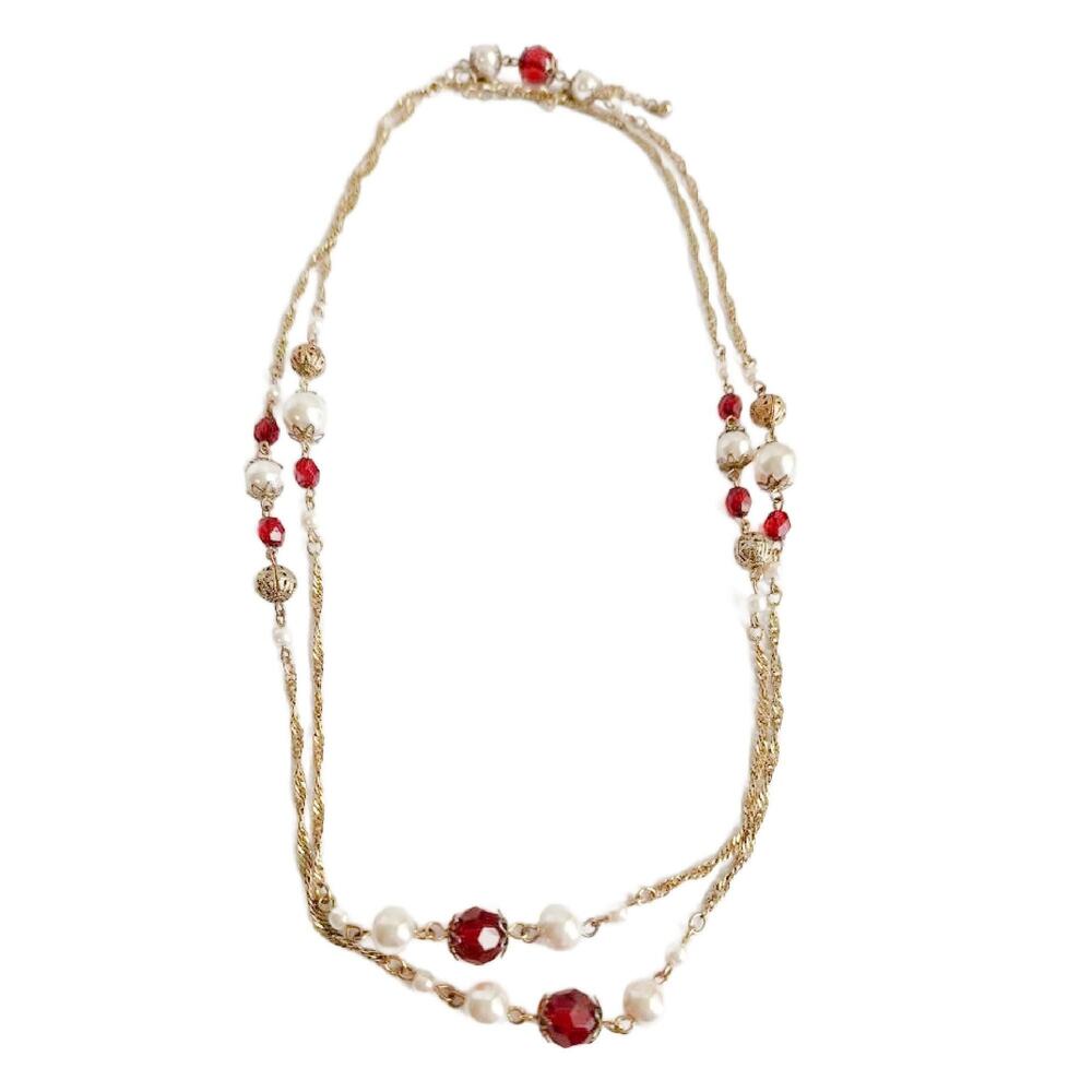 Vintage Double Strand Necklace Gold Filigree and Red Crystal Beads , 46" long